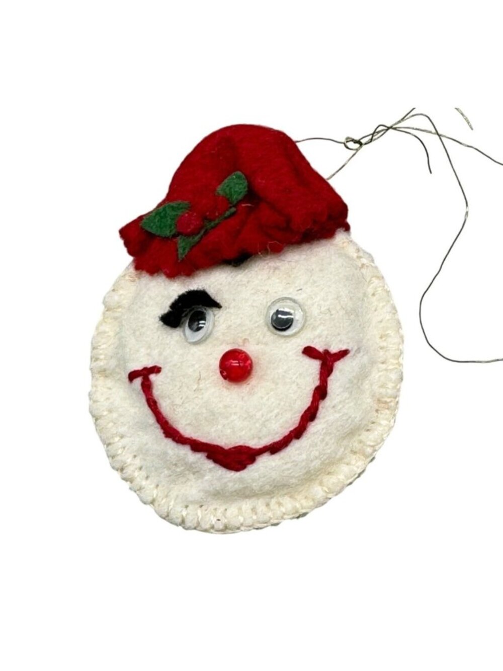 Vintage snowman head handmade tree ornament holly red white 2.25x3" felt READ